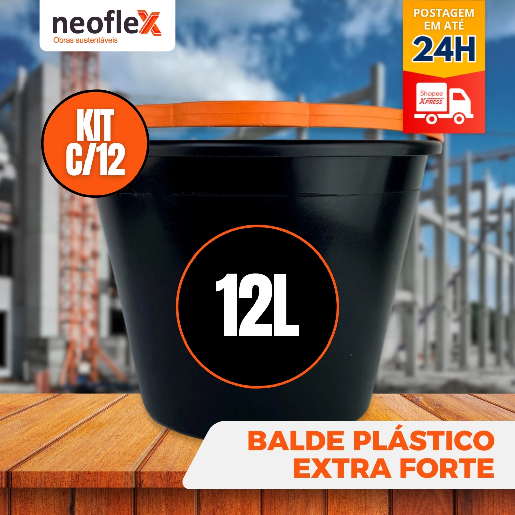 Kit 12 Balde Plástico EXTRA FORTE 12 Litros Alça Resistente e Reforçada obras Limpeza Reforma