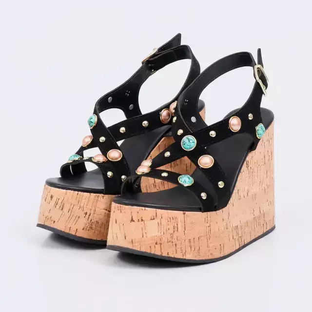 Sandália Anabela Feminina Not Me Shoes Cancun Preta com Cortiça e Pedrarias