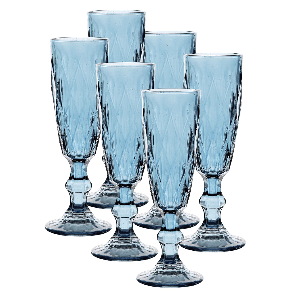 Jogo com 6 Taças de Champanhe Diamond Azul Safira 170ml – Luxo para Espumante e Champagne