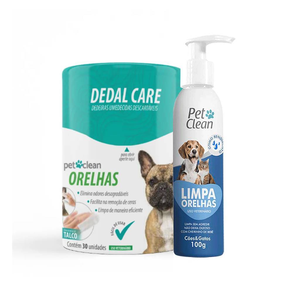 Kit P/ Cão Gato Limpa Orelhas + Dedal Care Orelhas Pet Clean