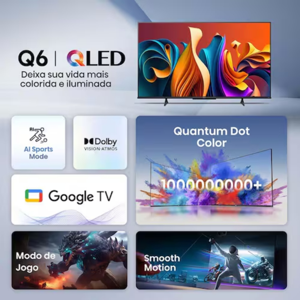 Smart TV 75" UHD 4K QLED Hisense 75Q6N Google TV  HDR10+, Dolby Atmos, Modo Esporte Modo Jogo Plus - detalhe