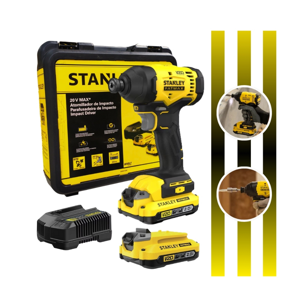 Parafusadeira Impacto 1/4 6,35mm 20v SBI801D2K Com 2x 2ah, Carregador Bivolt, Maleta Pro Stack Stanley