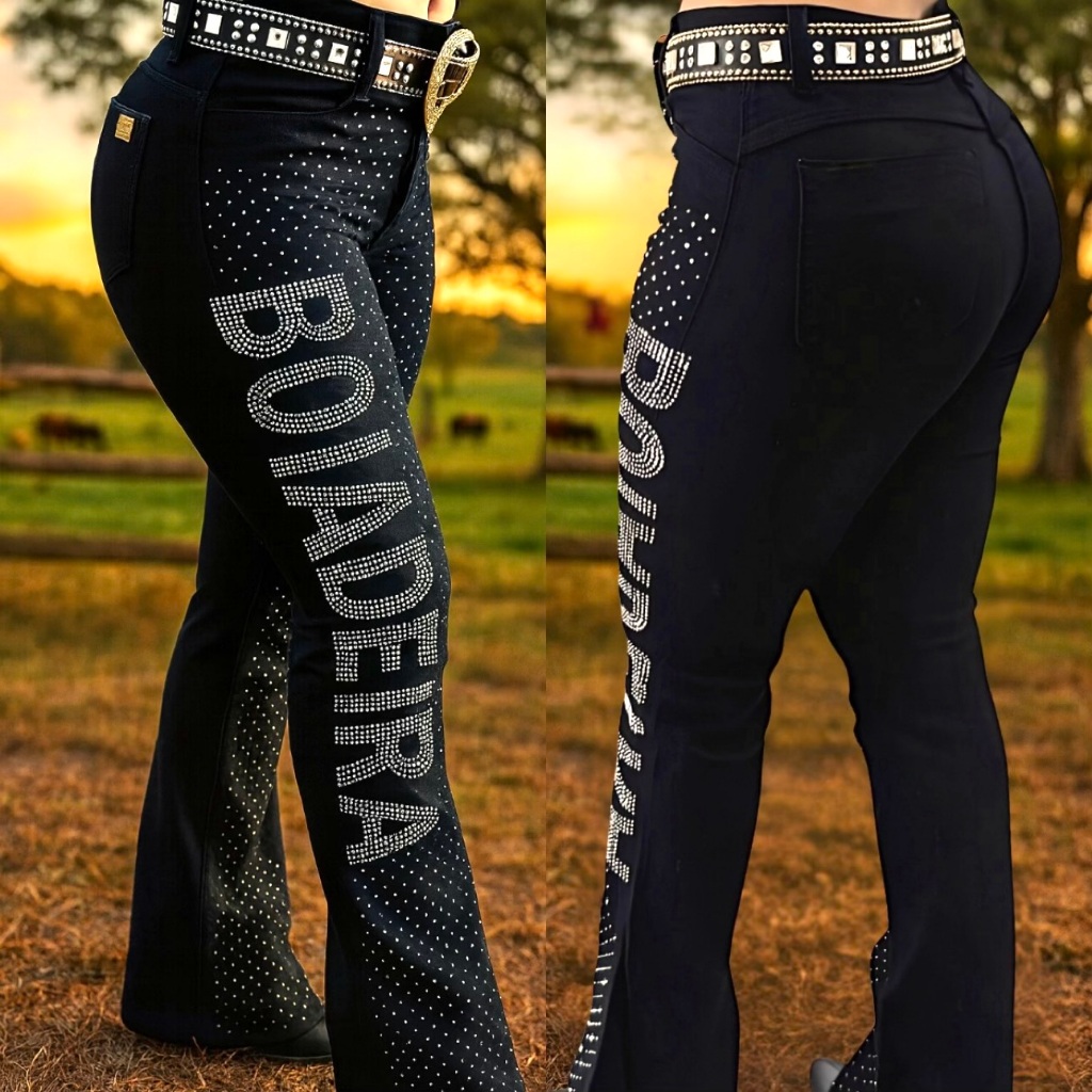 Calça Country Flare Jeans Feminina Boiadeira Cintura Alta Modela Bumbum Brilhos Rodeio em Oferta na Shopee
