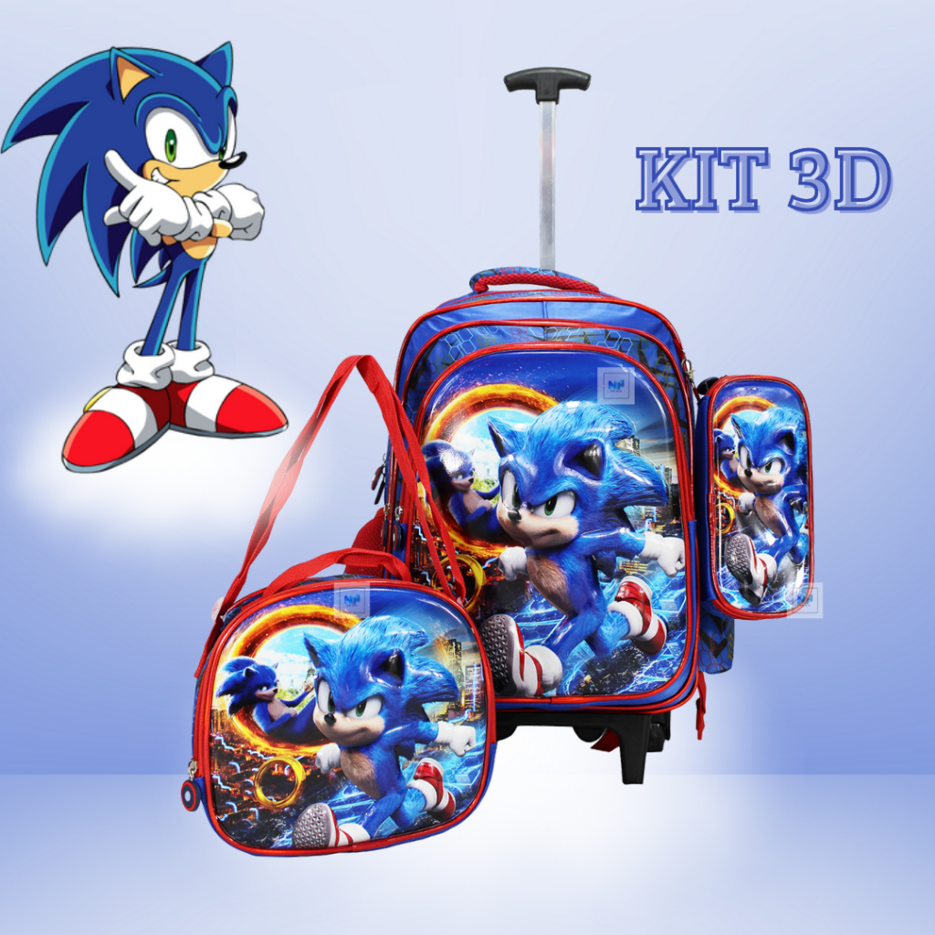 Kit Mochila+Lancheira+Estojo 3D Sonic Azul e Vermelho Rodas Ou Costas Menino em Oferta na Shopee
