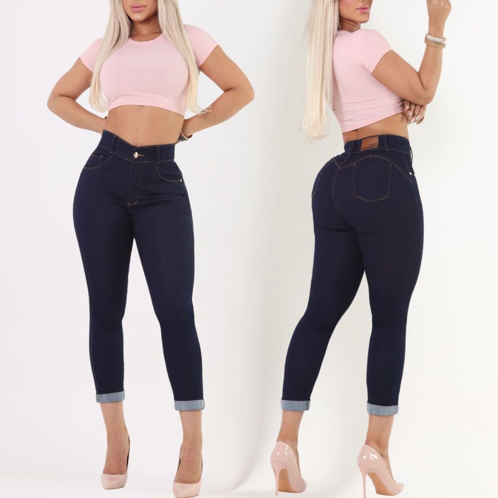 Calça Jeans Feminina Capri Levanta Bumbum Pinça Modeladora Recorte Coraçao Com Lycra Cos Alto Cintura Alta