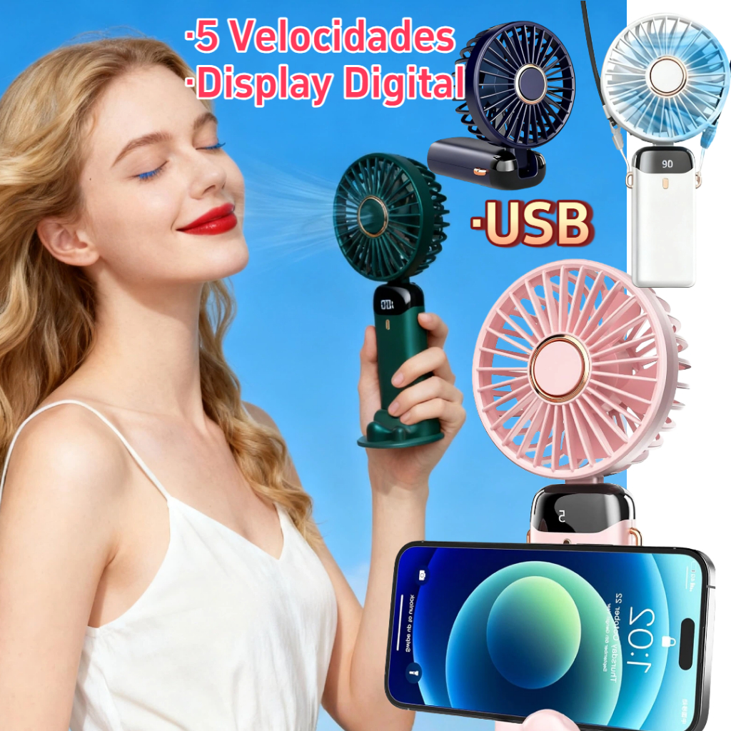 💨 MEDOOSI Mini Ventilador Portátil 5 Velocidades - Display Digital + USB Recarregável 4000mAh | Escritório/Casa/Viagem