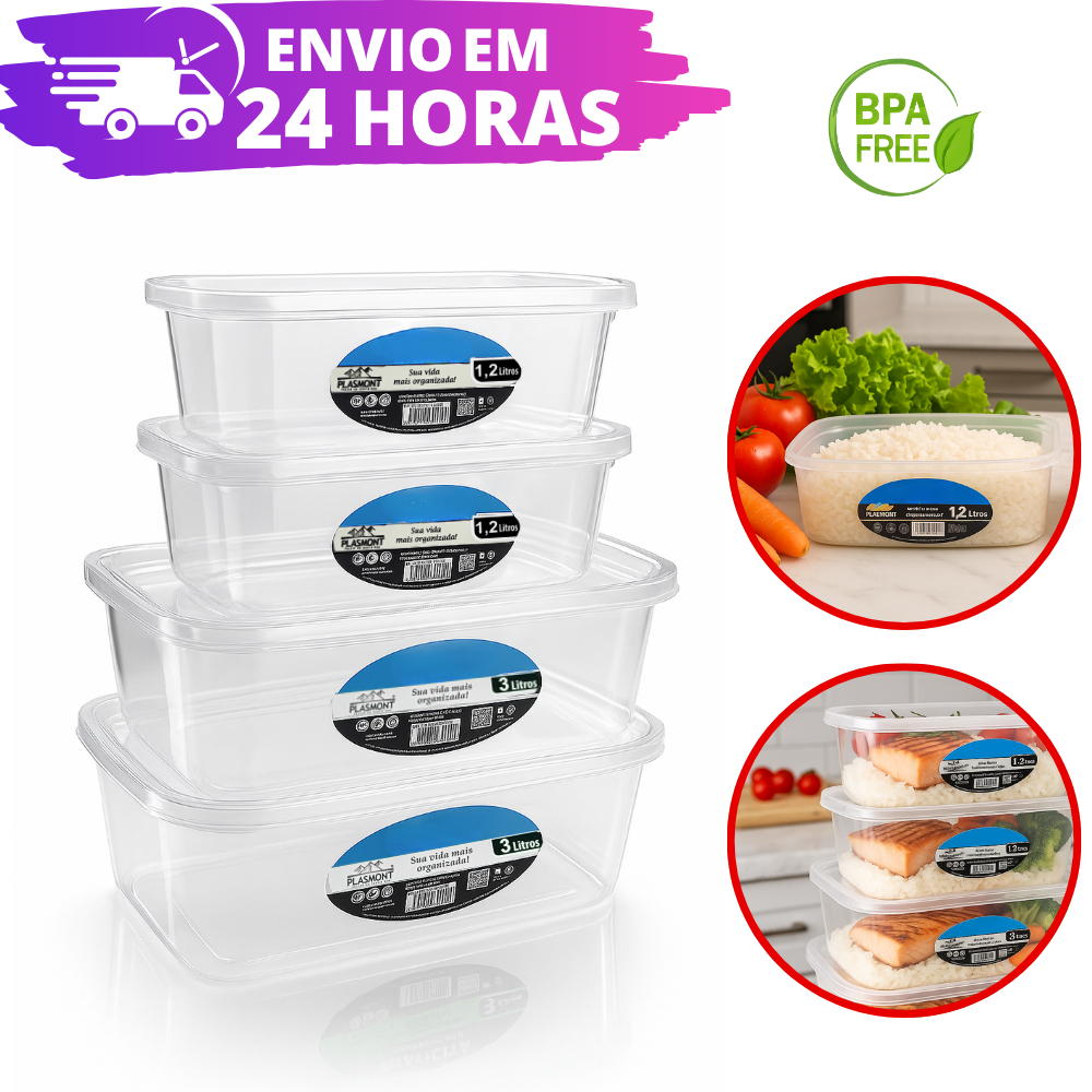 Kit 4 Potes Transparente 1,2 L E 3,0 L PRESIDIO Retangular REFORÇADO em Oferta na Shopee