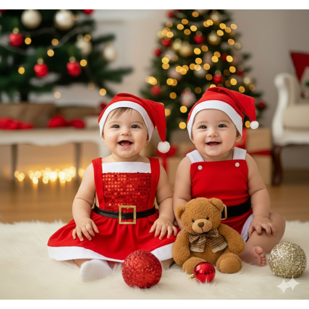 Macacão Papai Noel Vestdo Mamãe Noel Body Natal menino Natal menina Vermelho Roupa de Bebê + Gorro Touca Natal
