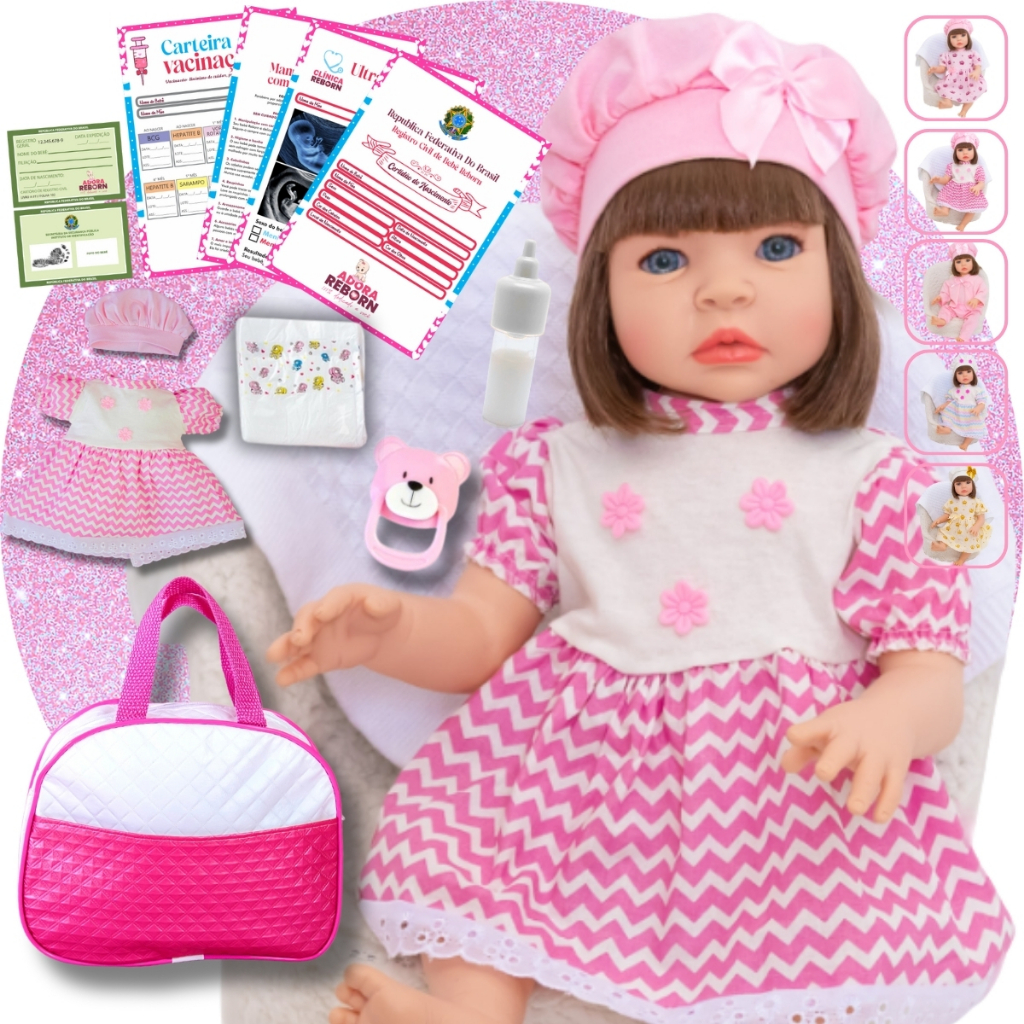Bebê Reborn Luxo Realista de Silicone Pode Dar Banho Envio Imediato Vestido Rosa