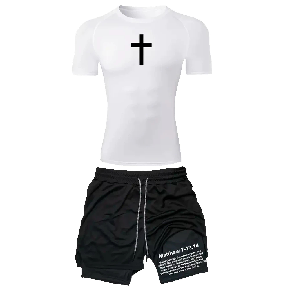Kit Camiseta Compressão Academia + Short Bermuda 2 em 1 Dry-fit Proteção Térmica Cristã Fé Jesus CT