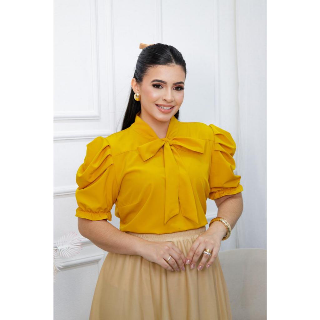 Blusa Feminina Emily Gola Laço Manga Curta Princesa Moda Evangélica em Oferta na Shopee