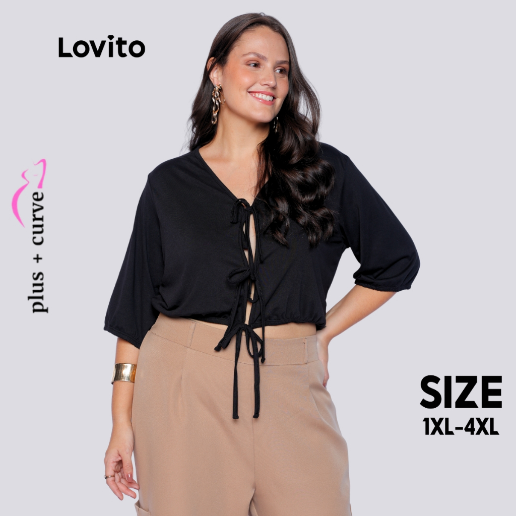 Lovito Blusa Plus Size Manga 3/4 Amarração Laços Frontais Decote V Moda Feminina LB264BRL293 em Oferta na Shopee