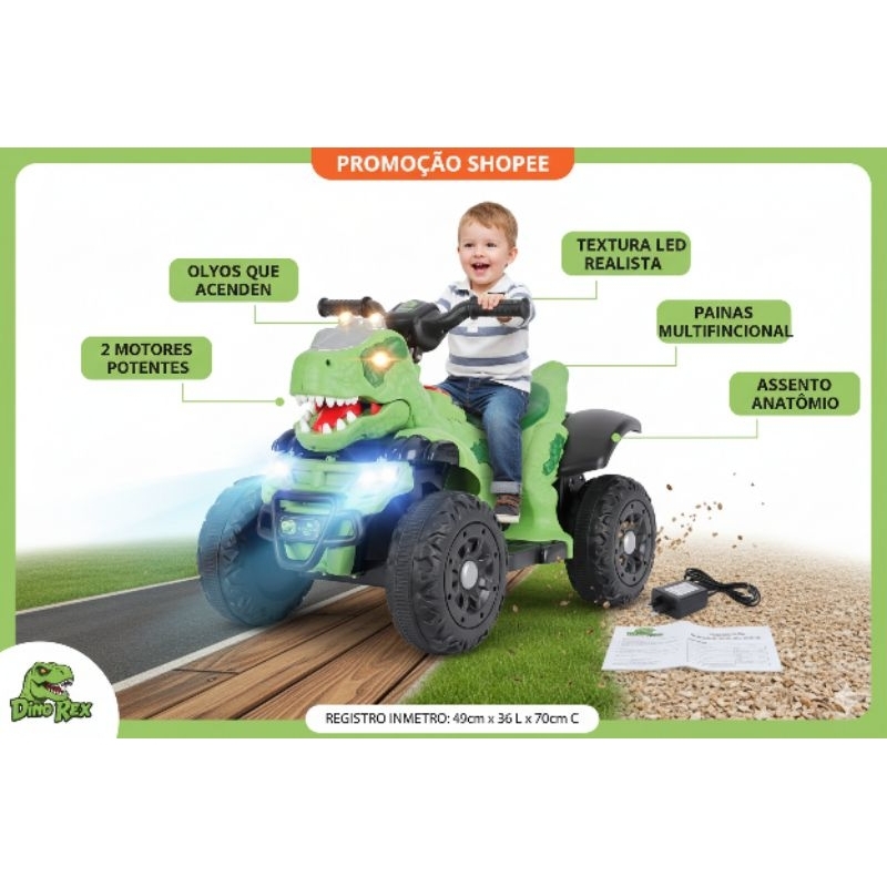 Quadriciclo Elétrico Infantil Dino Rex 12V C/ LED, Som Bluetooth, 2 Motores - T-Rex Realista
