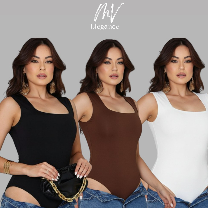 Kit 3 Body Collant Feminino Regata Blusa Decote Quadrado Com Forro Estilo Blogueira Tendência Verão