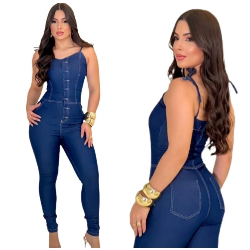 Macacão Jeans Feminino Jardineira Jeans Feminina Calça Skinny Modeladora Com Botões Encapados 42/44