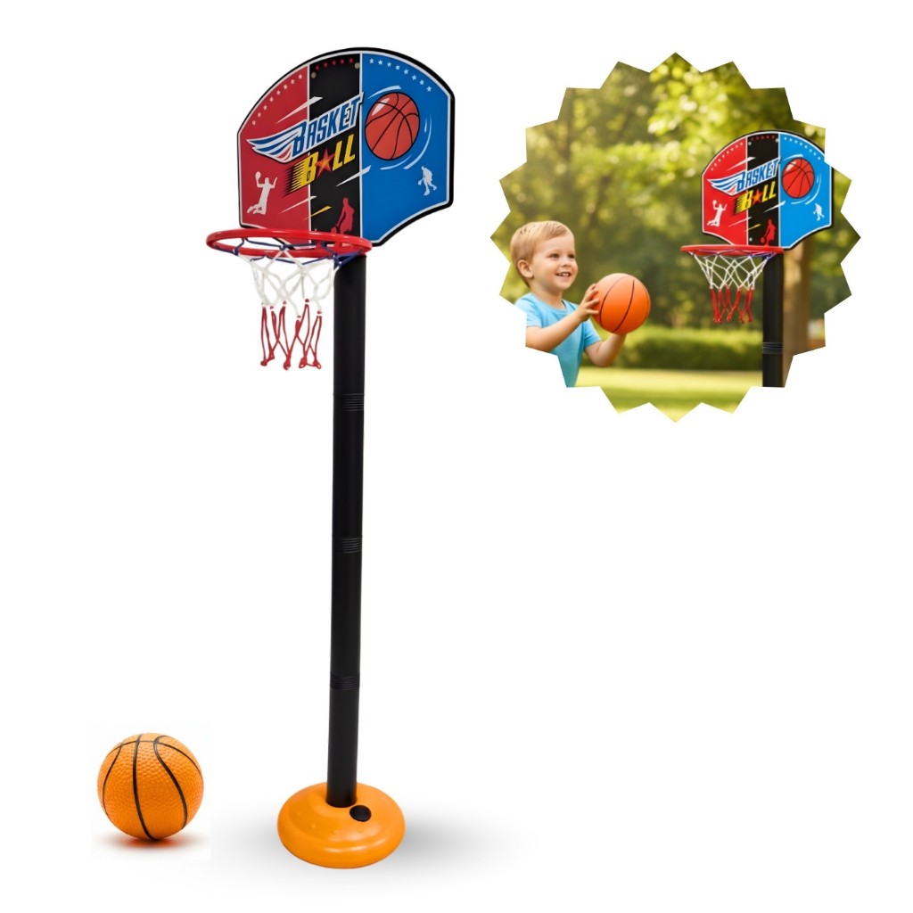 Cesta Basquete vertical ajustável c/ Bola, Haste até 110cm, Rede Plástico, Base firme, Tabela Aro