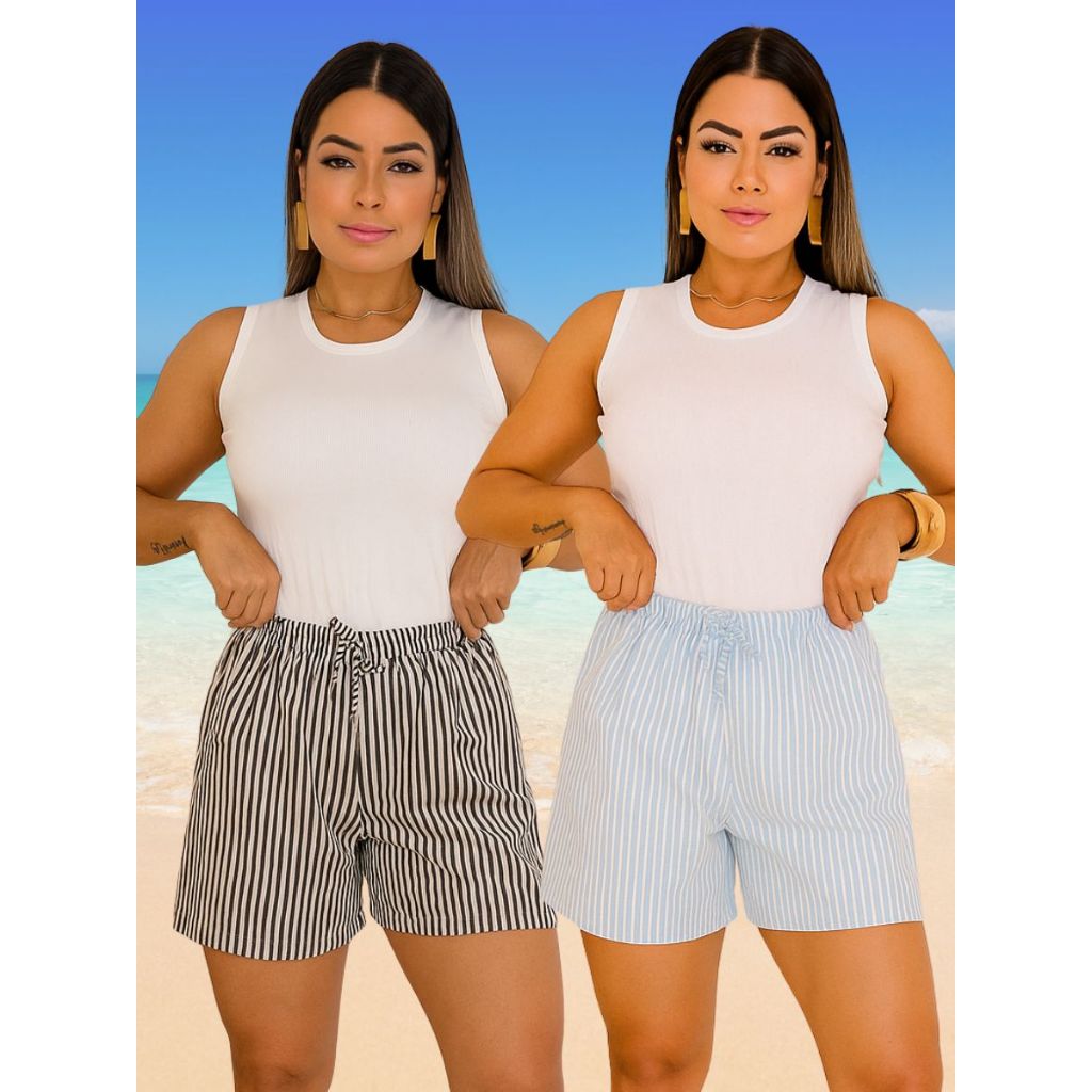 Kit 2 Shorts Feminino Listrado Crepinho Top com Cós Elástico e Lacinho Frontal confortável em Oferta na Shopee