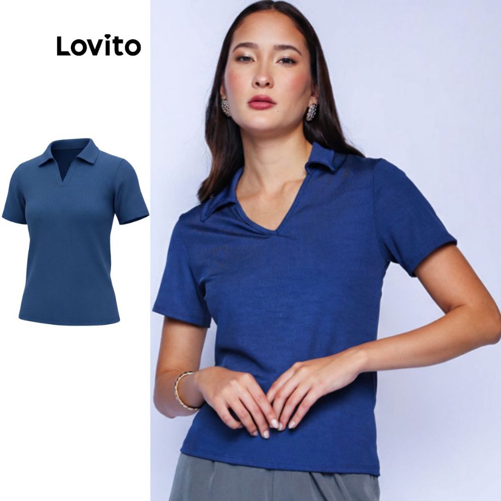 Lovito Gola Polo Azul Moda Casual Lisa Feminina LB639BRL669 em Oferta na Shopee