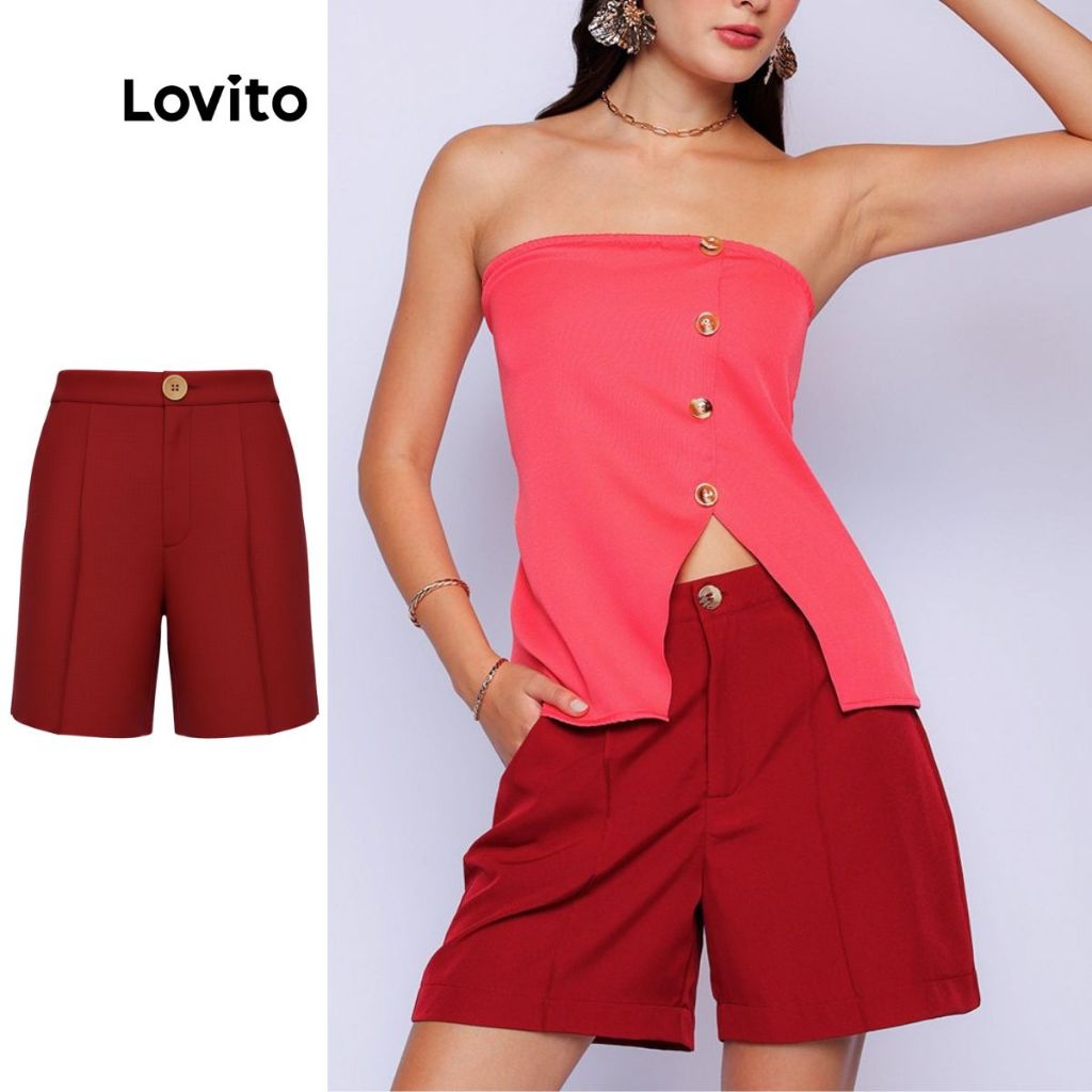 Lovito Shorts Alfaiataria Vermelho Elegante com Pregas Femininos LB1061BRL1091 em Oferta na Shopee