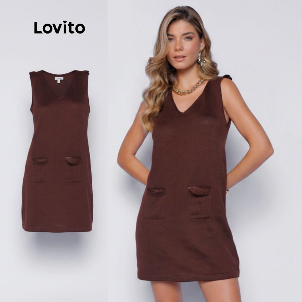 Lovito Vestido de Tricot Casual Marrom Curto Sem Manga com Bolsos Lisa para Mulheres LB809BRL839 em Oferta na Shopee