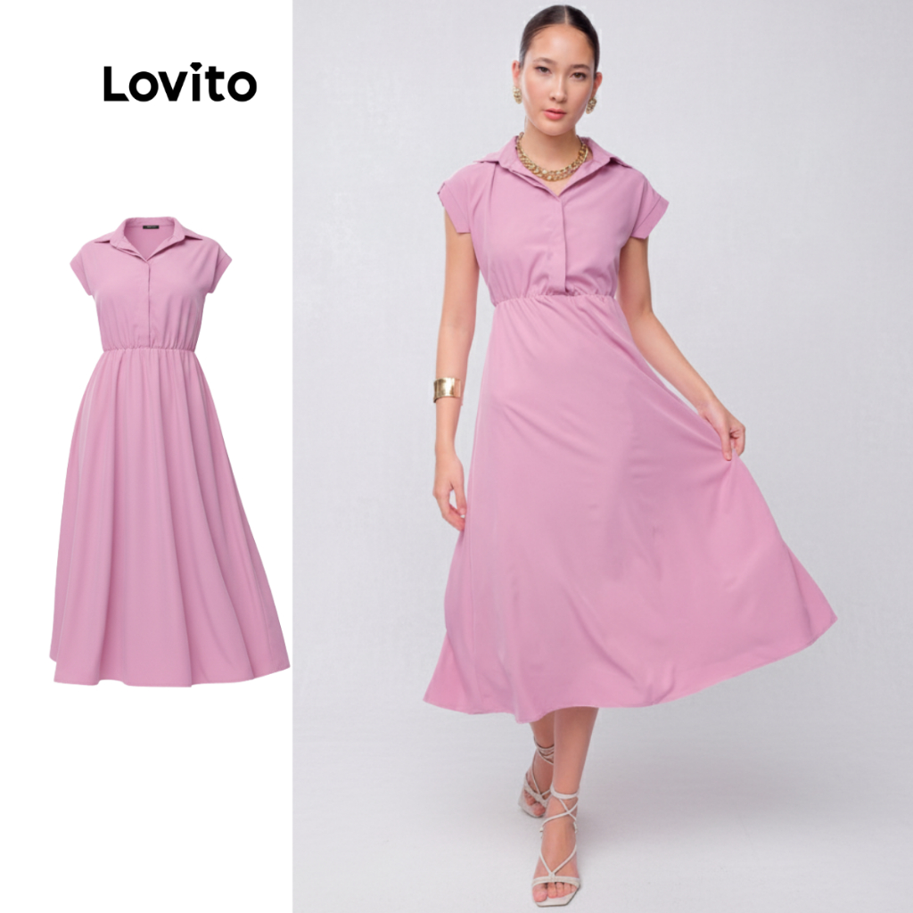 Lovito Vestido Midi Rosa Moda Elegante Feminino Liso em A LB612BRL642 em Oferta na Shopee