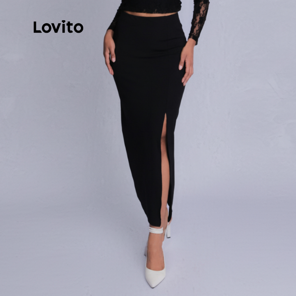 Lovito Saia Longa com Fenda Lateral Casual Preta Lisa Feminina LB1094BRL1124 em Oferta na Shopee