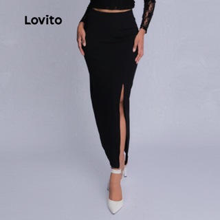 Lovito Saia Longa com Fenda Lateral Casual Preta Lisa Feminina LB1094BRL1124 em Oferta na Shopee