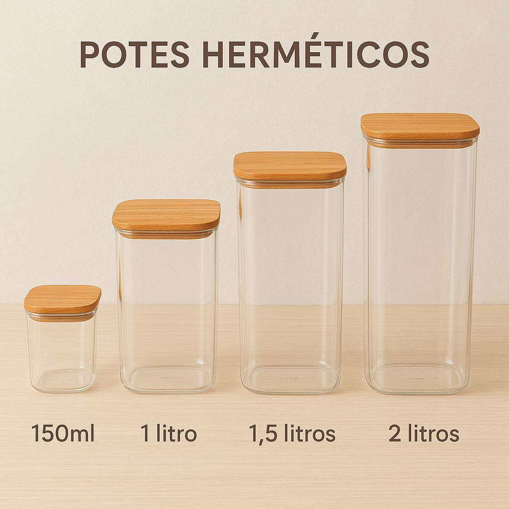 Pote Hermético Acrilico Cristal Tampa Bambu marca OU 150ML 340ML 450ML 650ML 1L, 1,5L 2L 2,3L 3,5L