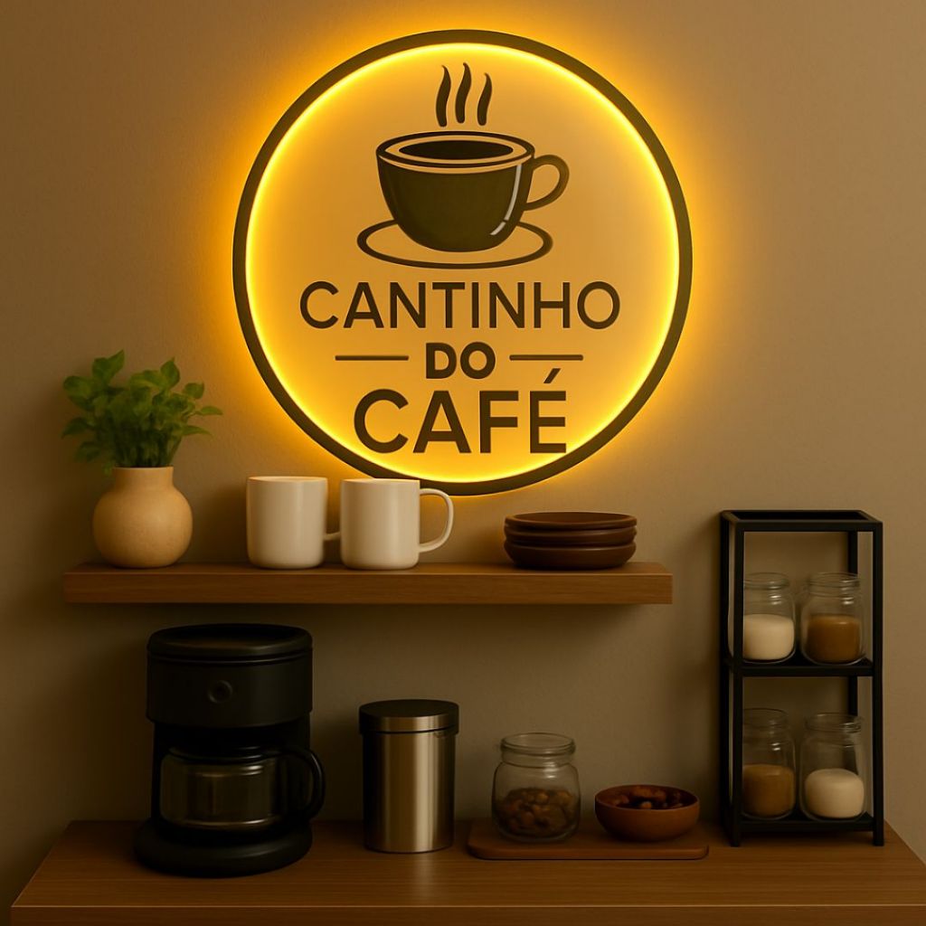 Luminária COFFEE com Neon LED 30x30cm Acrílico – Placa Decorativa para Cantinho do Café