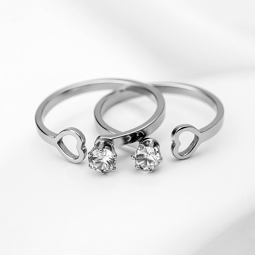 Anel Aço Inoxidável Acessório Feminino [Prateado]– Anel Solitário com Coração Vazado Pedra Zircônia