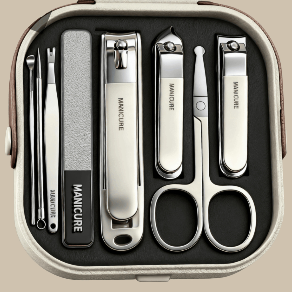 Kit Manicure 8 Peças Inox com Estojo Cortador de Unha Profissional Tesoura e Lixa Conjunto Portátil