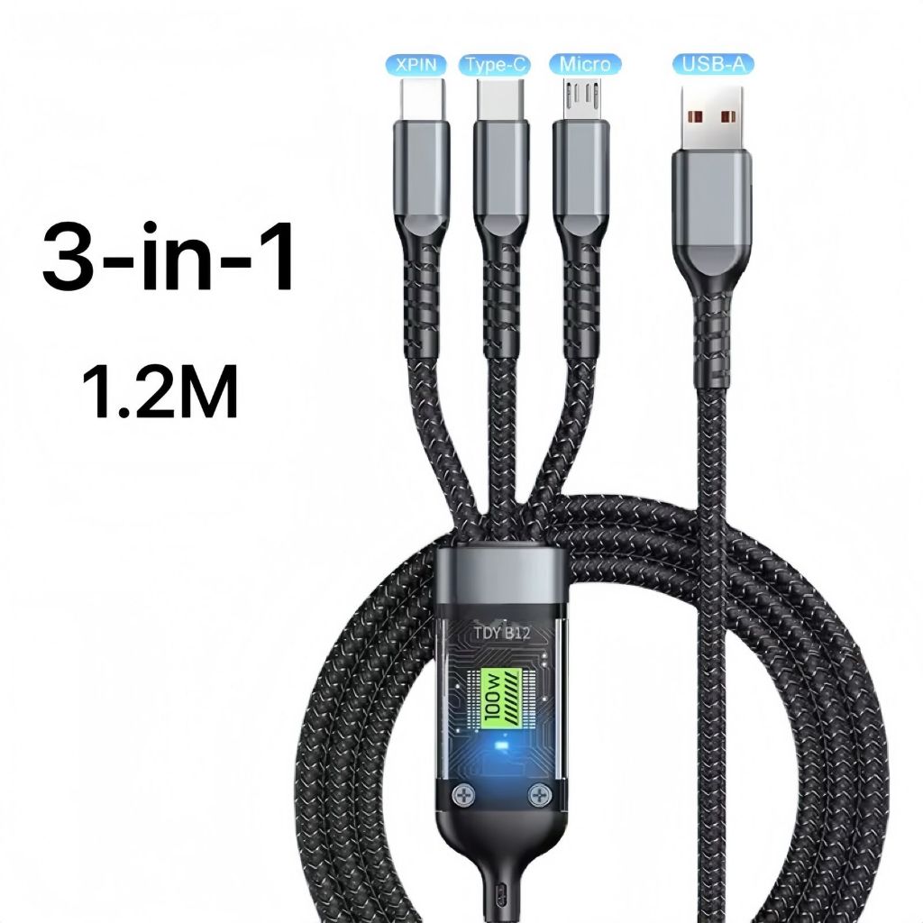 Cabo de Carregamento 3 em 1, Potência 100W 6A, Liga de Zinco durável, para Micro e Tipo-C em Oferta na Shopee
