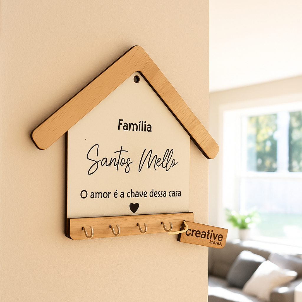 Porta-Chaves Casinha Família Personalizado em MDF – 5 Ganchos | Decoração Moderna e Funcional para Sala