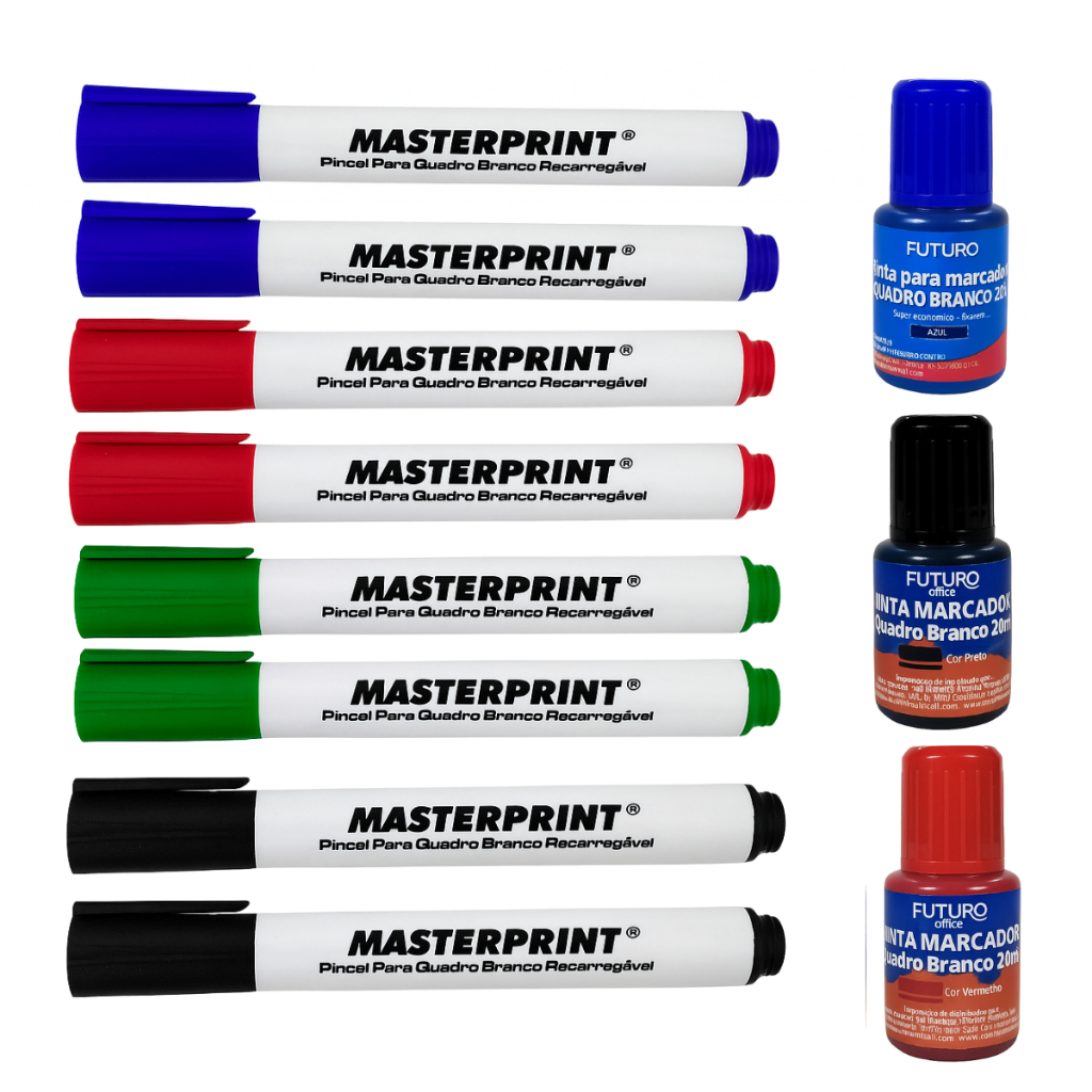 Tinta + Caneta para Quadro Branco Kit com 2 Canetas + 1 Tinta Marcador Apagável e Recarregável