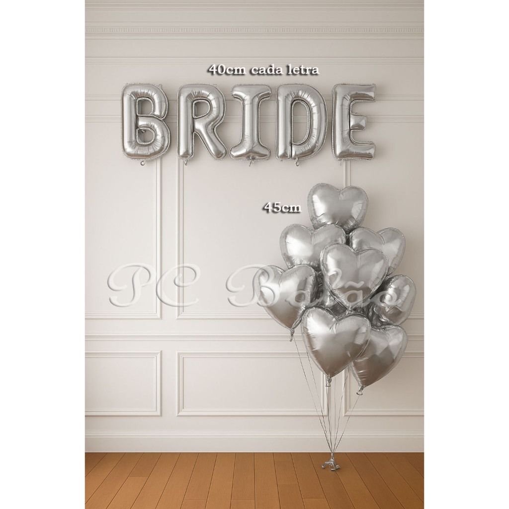 Kit 10 Balão Metalizado 5 Letras BRIDE PRATA + 5 Coração PRATA 45cm DECORAÇÃO NOIVA CASAMENTO