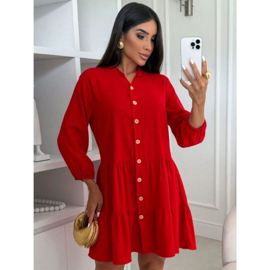 Chamise Bata Curta Manga Longa com botões Vestido Linho Premium Feminino Moda Casual Elegante  Simples  Botões na frente