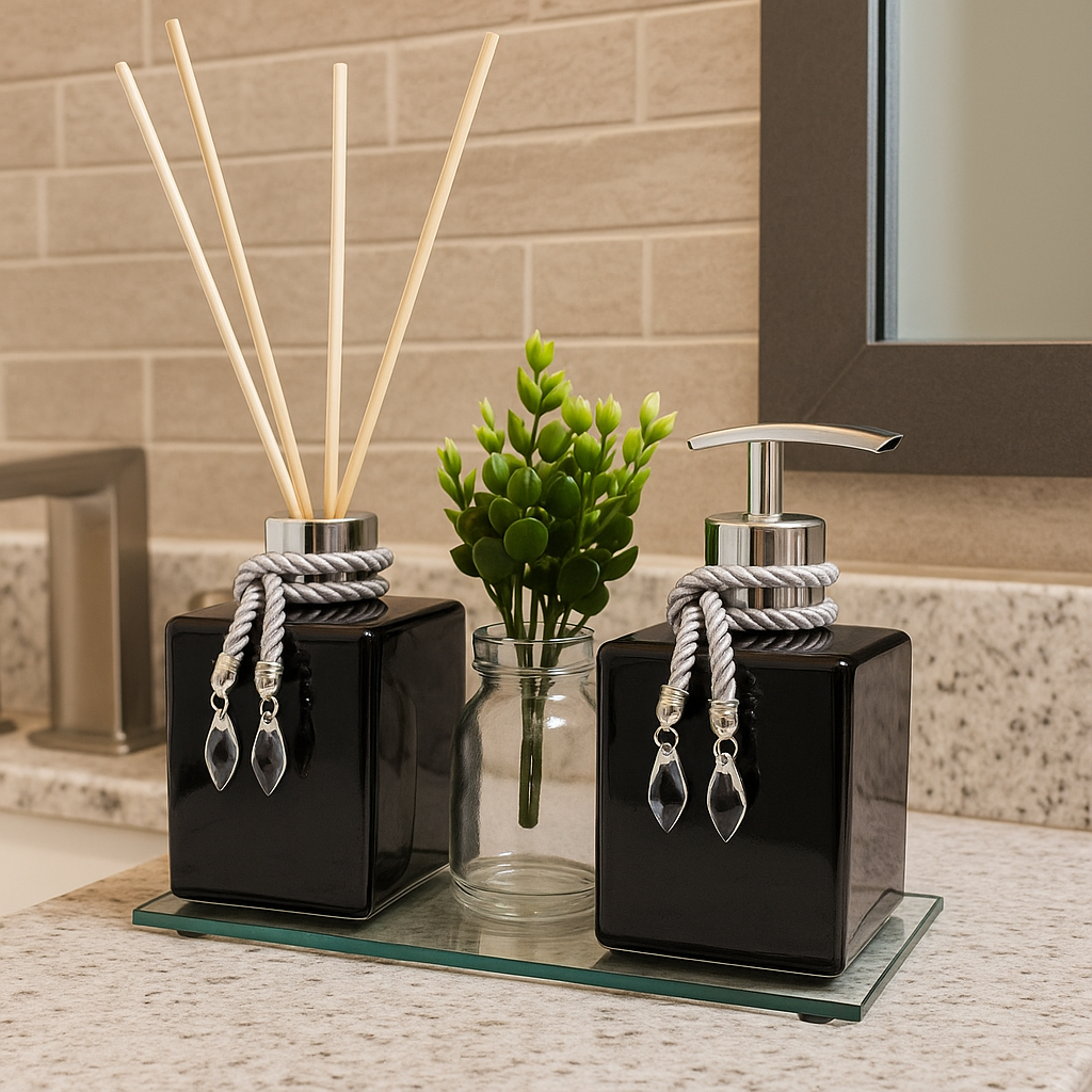 Kit Completo Banheiro Vidro Cubo 250ml Difusor e Porta Sabonete Com Bandeja Espelhada e Vaso Planta em Oferta na Shopee