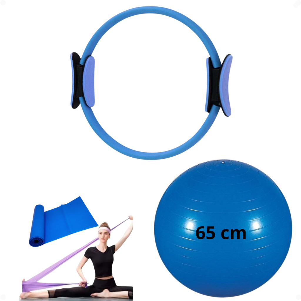 Kit Bola Pilates Yoga 65 cm + Faixa Elastica Band + Anel Ginástica Suíça Fisioterapia Alongamento