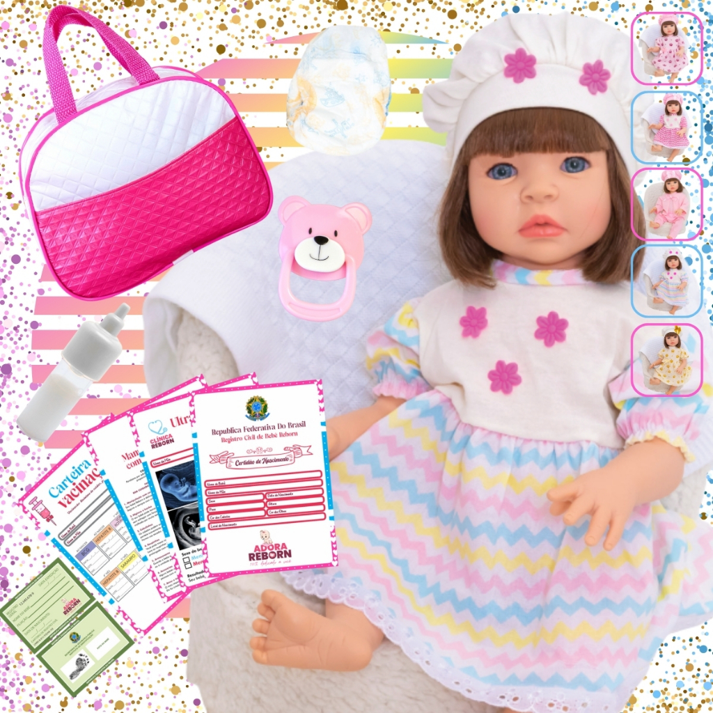 Boneca Reborn Bebê Realista em Silicone com Vestido Listrado Bolsa Maternidade