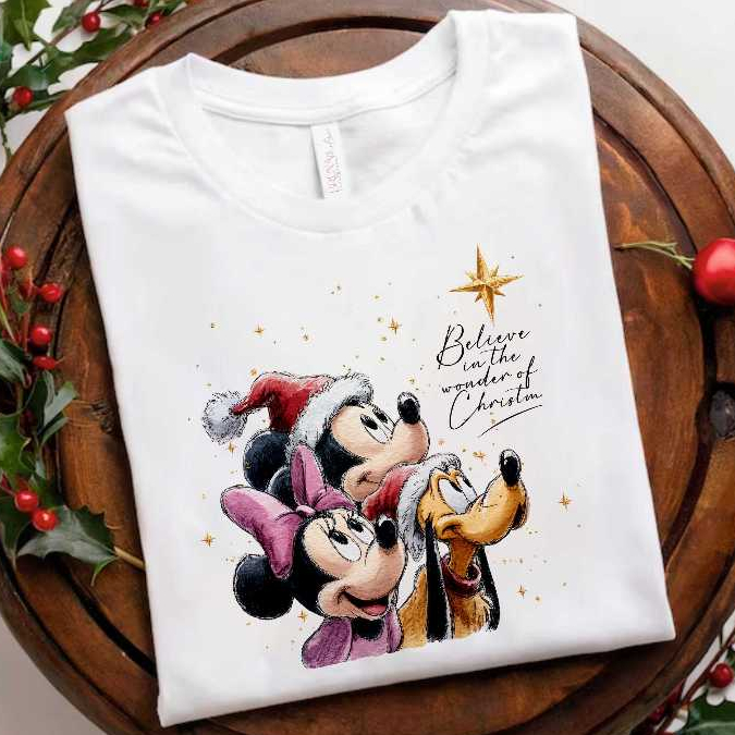 Camiseta blusa feminina de Natal Disney | Mickey Minnie Pluto | Presente Criativo de Natal