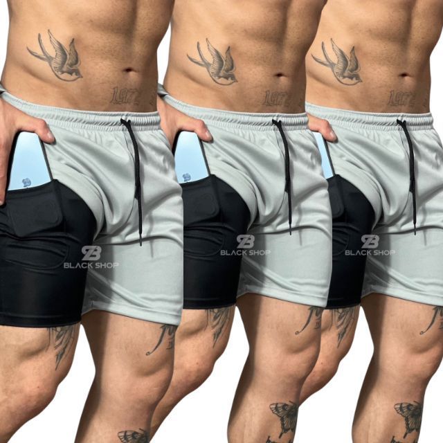 KIT 3 Short RUN 2 em 1 Bermuda Elastano Academia Masculino Treino Corrida