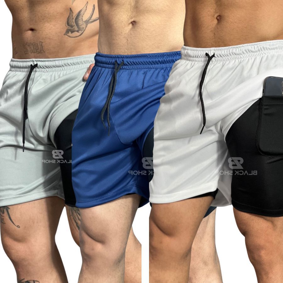 KIT 3 Bermuda Short 2 em 1 RUN Academia Masculina Treino Corrida Com  Elastano