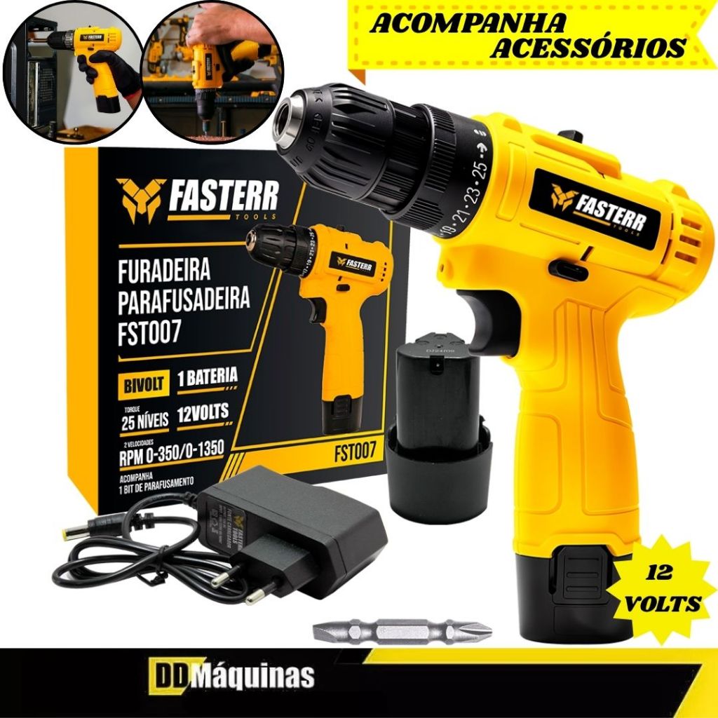 Parafusadeira e Furadeira 3/8” 12V Com Bit e Carregador FST007 - Fasterr em Oferta na Shopee