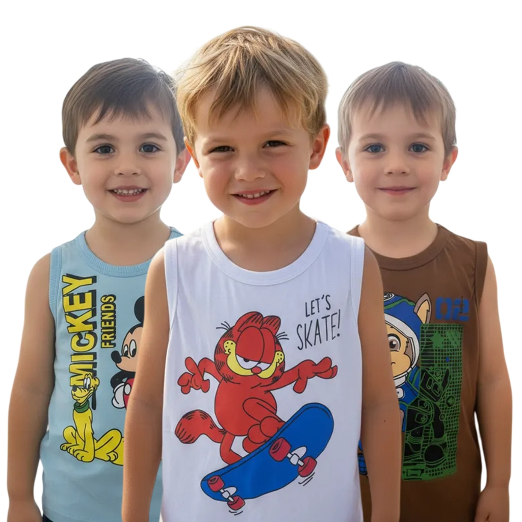 Kit 5 Regatas Infantil Masculina Estampada Personagens Menino 2 à 8 Anos