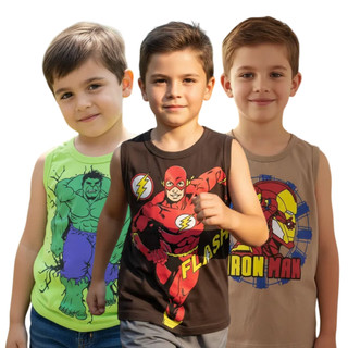 Kit 5 Regatas Infantil Masculina Estampada Desenhos Menino 2 à 8 Anos