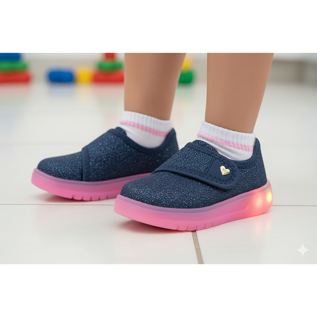 Tênis Infantil Menina Molekinha Detalhes Brilho Confortável Luz Led