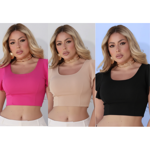 cropped canelado manga curta babado em Oferta na Shopee