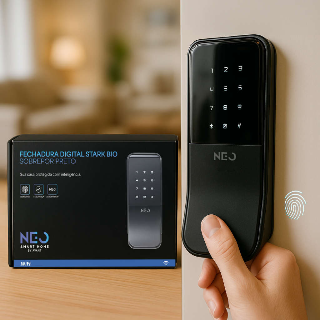 Fechadura inteligente Eletrônica Stark Digital Sobrepor Biometria Senha Tag Wi-fi Preto Neo Avant em Oferta na Shopee