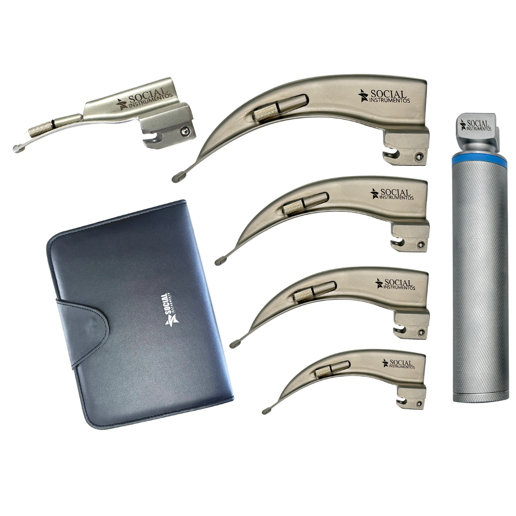 Kit Laringoscopio | Fibra Optica | Social Instrumentos | Autoclavavel | 6 Laminas | Retas ou Curvas