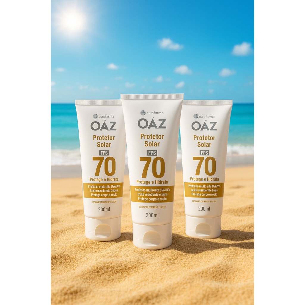 Kit 3 unidades Protetor Solar OAZ FPS 70 – Corpo e Rosto 200ml | Toque Seco e Alta Proteção